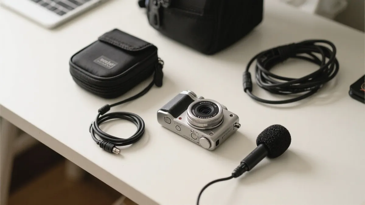 创作者的轻量观赛拍摄装备平铺：小相机、麦克风、线材与收纳包